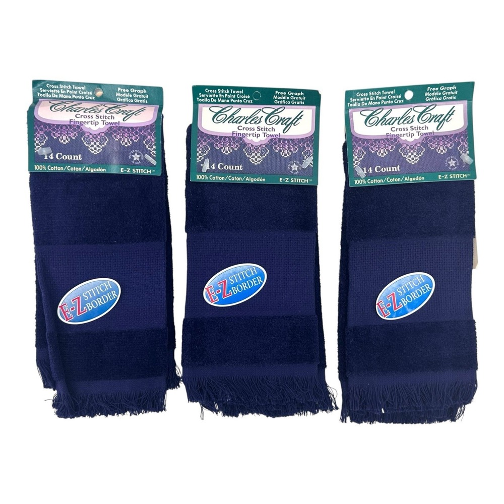Vintage Charles Craft Cross Stitch Fingertip Towels Navy 14 Count Set Of 3 USA